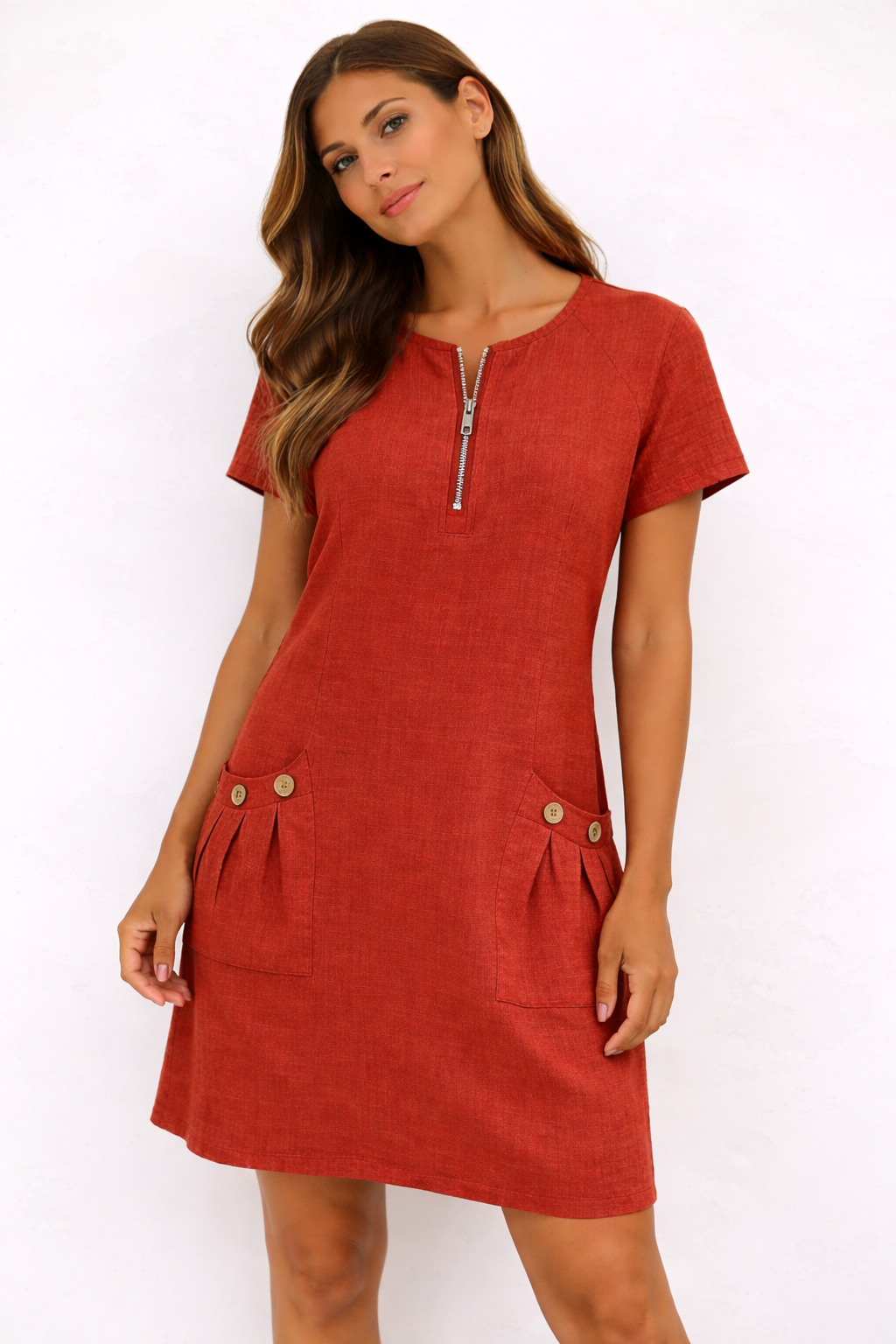 VESTIDO CON CREMALLERA Y BOLSILLO DE ALGODON