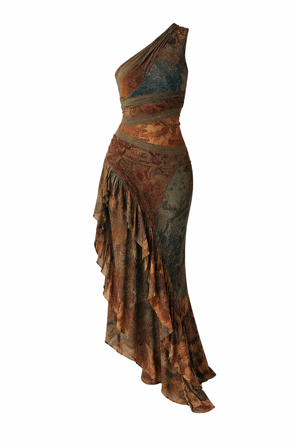 VESTIDO LARGO DE UN SOLO HOMBRO CON ESTAMPADO ETNICO