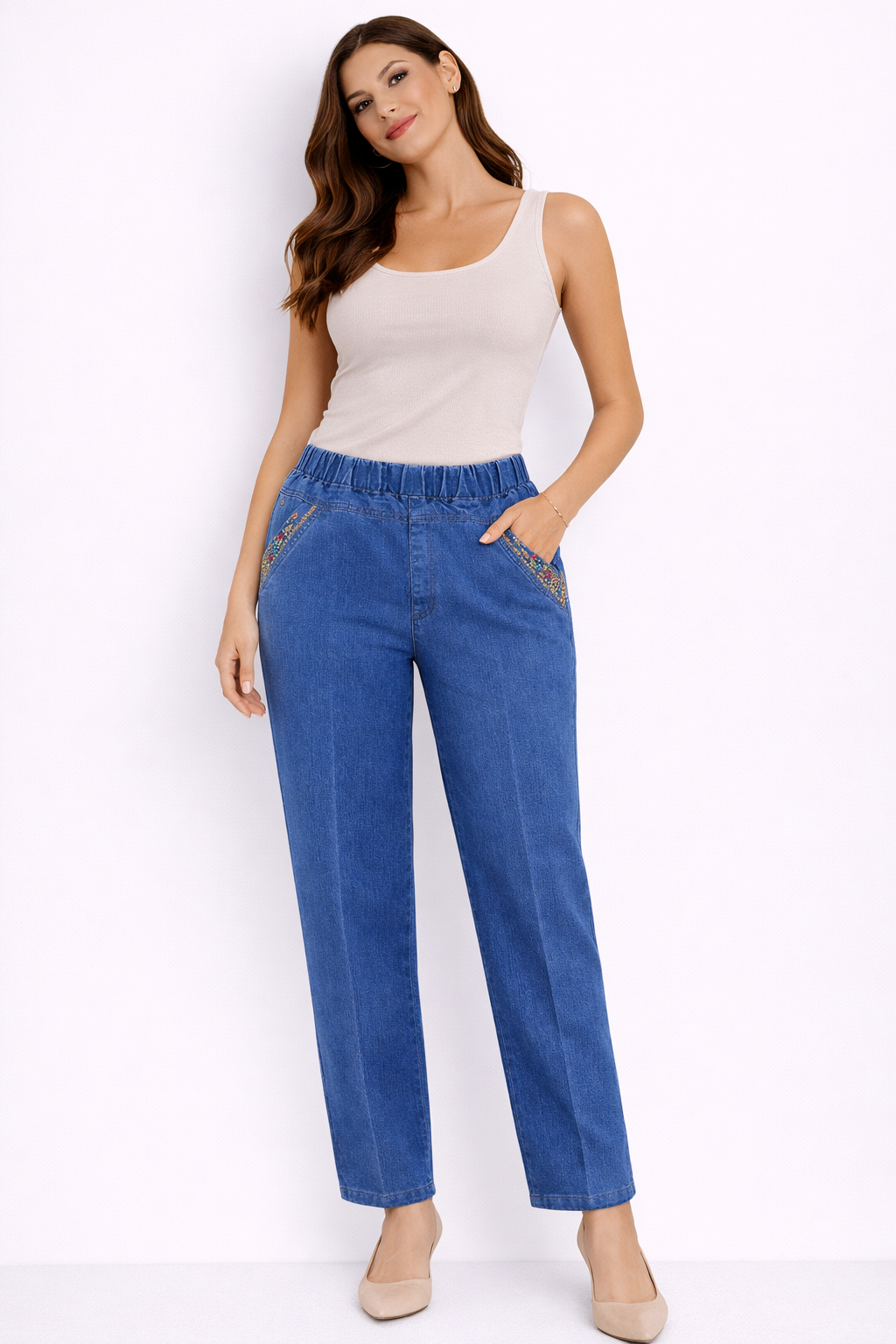 LAURENT | VAQUEROS DE MUJER CON BOLSILLOS LATERALES Y CINTURA ELASTICA